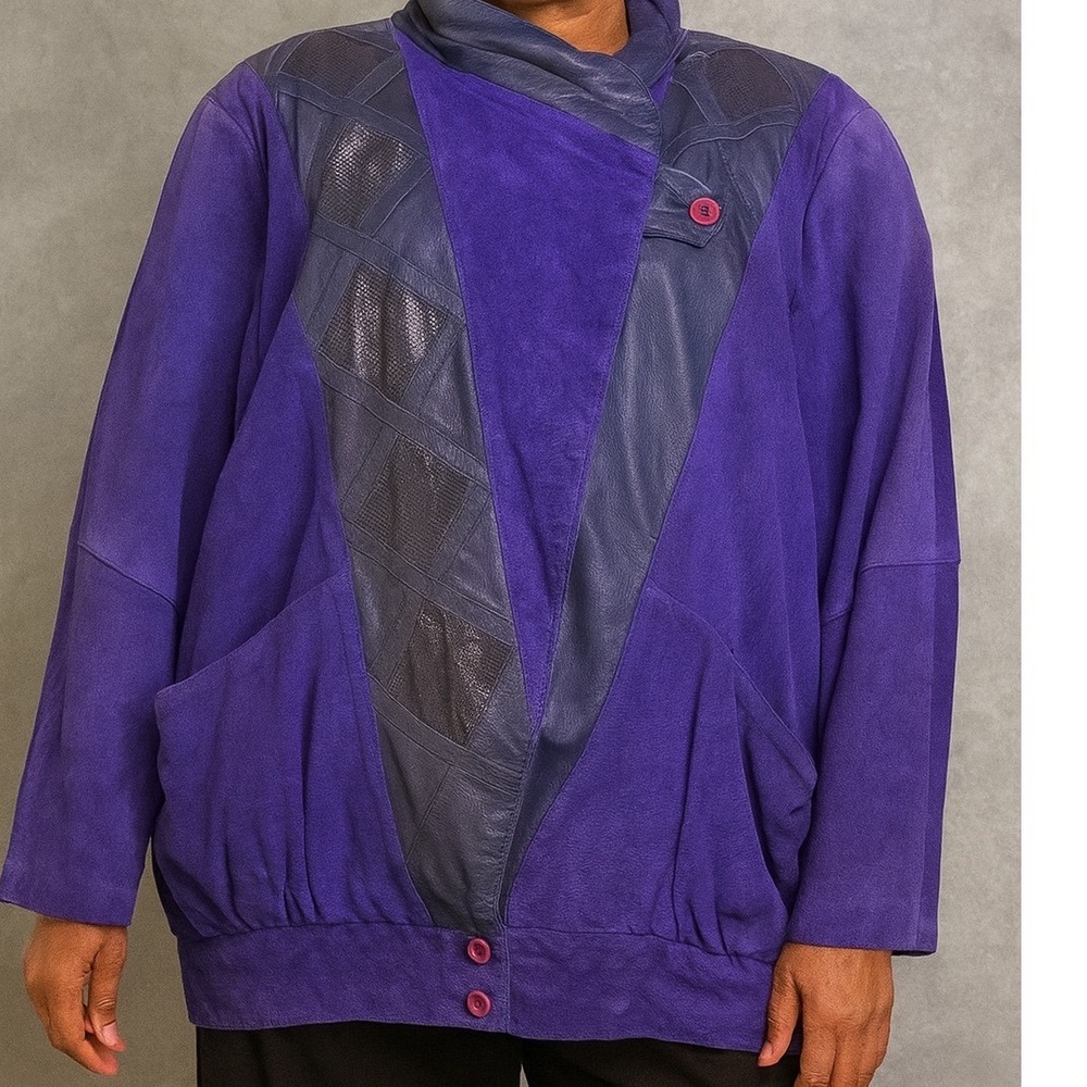 Pelle Women Jacket Purple Genuine Leather Suede Patchwork Size M Vintage 80s 90s